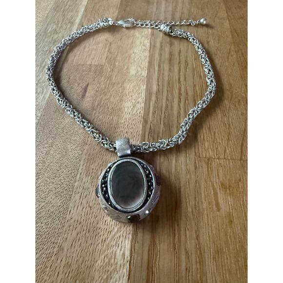 Chico's Jewelry - Chicos Silver Tone Braid Chain Necklace Mother of Pearl & Rhinestone Pendant 15”